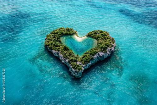 Heart-shaped island surrounded by turquoise water in a tropical setting