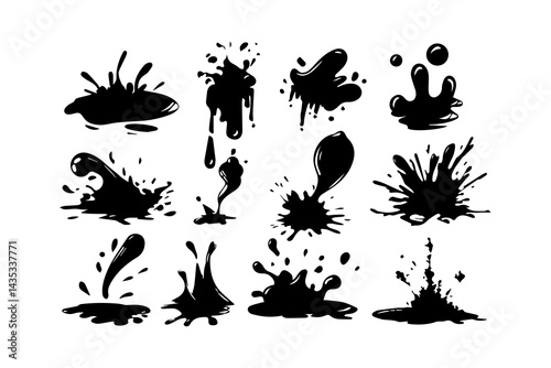 Dynamic black ink splashes create energetic shapes, perfect for artistic designs