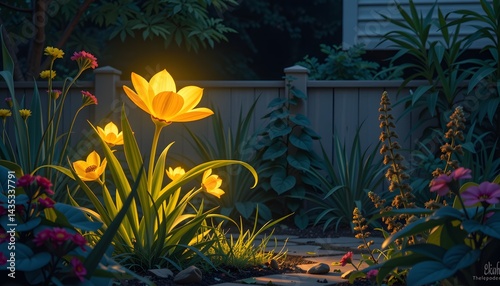 The gardener had always tended to their backyard with care and precision, but one day, they stumbled upon a strange, luminescent plant hidden amongst the foliage photo