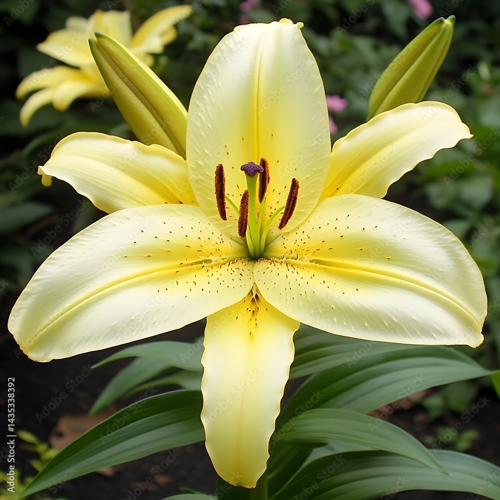Fototapeta premium Elegant Pale Yellow Lily Flower Bloom Close Up