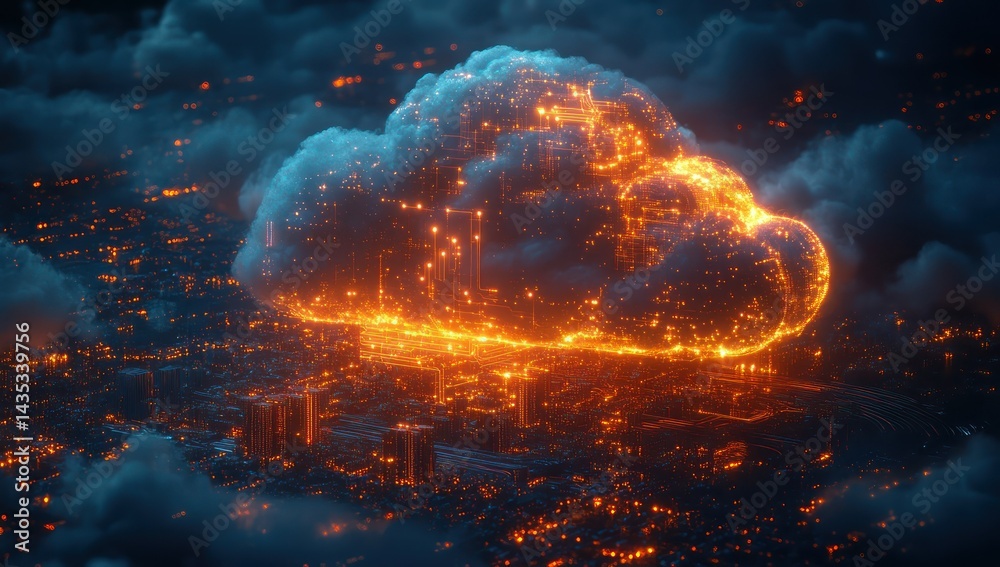 Obraz premium Fiery Cloud Cityscape Nightscape.