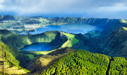 Beautiful lake of Sete Cidades from drone, Azores, Portugal Europe