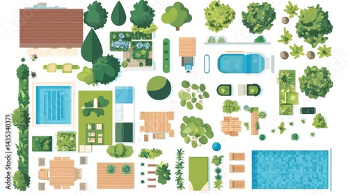 Architectural and landscape elements top view. Collection of houses, plants, garden, trees, swimming pools, outdoor wooden furniture. Flat vector.