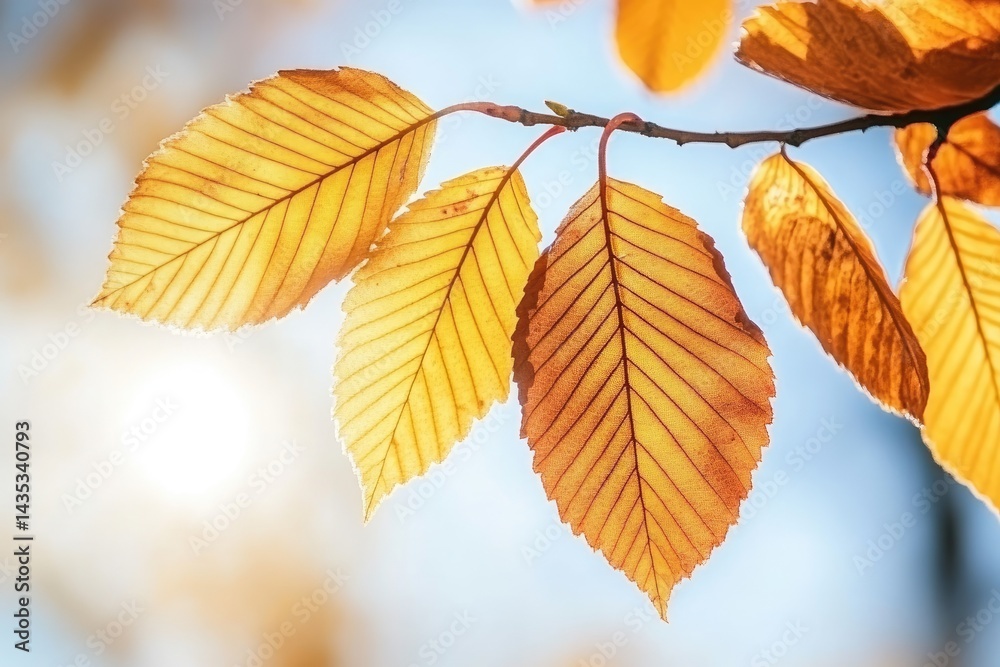 Autumn leaves catching sunlight on a branch against a soft blue sky Close-up view of vibrant, golden leaves with visible veins Gentle sunlight filtering through the leaves Autumn leaves catching sunlight on a branch against a soft blue sky Close-up view of vibrant, golden leaves with visible veins Gentle sunlight filtering through the leaves