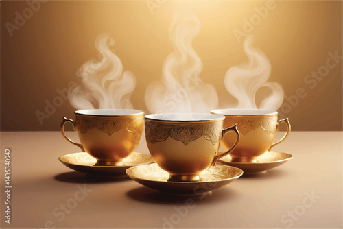 Ornate Golden Teacups with Steam in Warm Evening Light