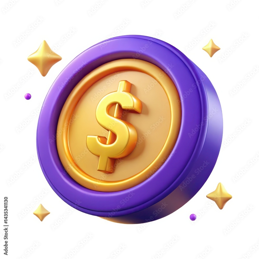 Gold dollar coin with purple border on white background Gold dollar coin with purple border on white background