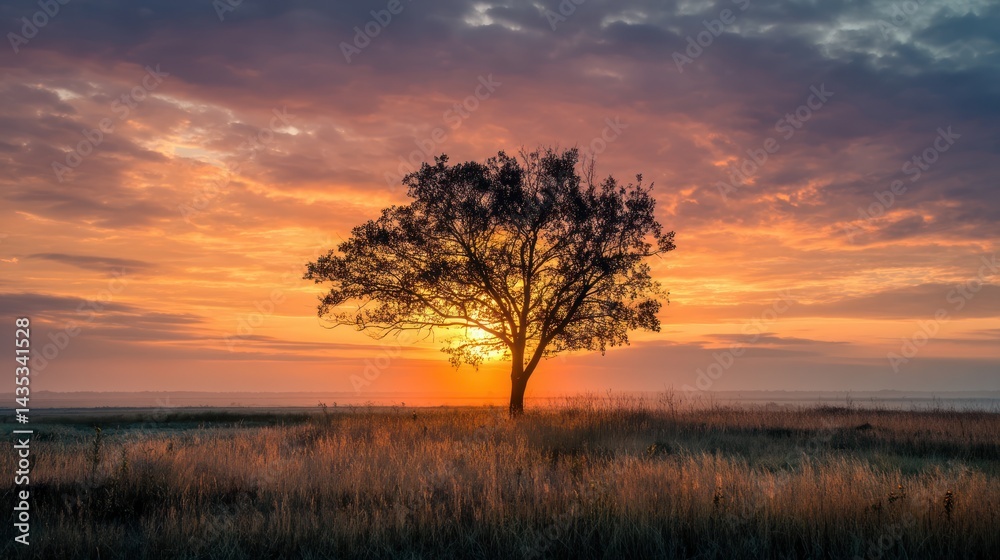 Fototapeta premium A serene sunset over a single tree, casting shadows on the grassy field beneath a colorful sky.