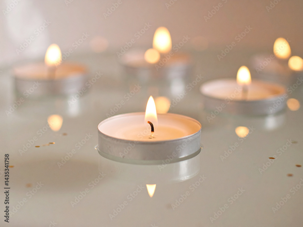 Lit tealight candles resting on a reflective surface cast soft glows. Golden specks are scattered around, adding charm to the calming atmosphere of flickering flames and luminous reflections. Lit tealight candles resting on a reflective surface cast soft glows. Golden specks are scattered around, adding charm to the calming atmosphere of flickering flames and luminous reflections.