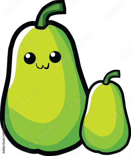 Kawaii style Green Gourd vector featuring a smiling cartoon face. Fun and playful vegetable illustration ideal for children's menus, organic food branding, gardening projects, and cute clipart collect