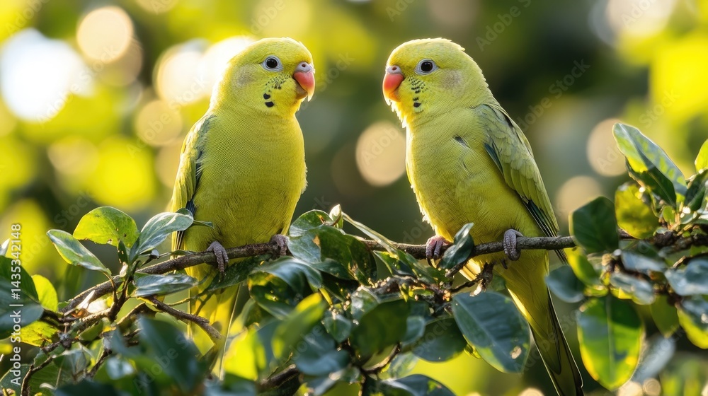 Fototapeta premium Two yellow parakeets perched on a branch