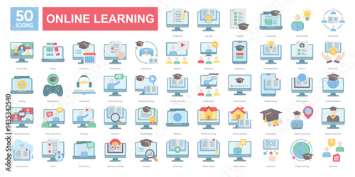 Online learning icons collection set, covering virtual classrooms, e-learning tools, digital resources, and education tech. Ideal for platforms, presentations, and learning materials.