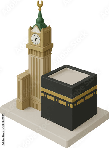 Isomateric 3d of Clock Tower and kabah in mecca