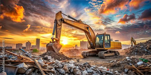 Wallpaper Mural Heavy machinery operates at a construction site as the sun sets, casting vibrant colors across the sky. City buildings provide a backdrop for the bustling activity and debris Torontodigital.ca