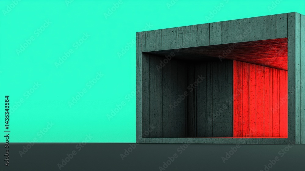 A 3D rendering of a concrete structure with a red light illuminating a dark interior. A 3D rendering of a concrete structure with a red light illuminating a dark interior.