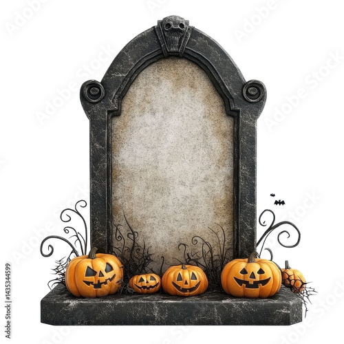 Eternal rest Halloween tombstone surrounded by carved pumpkins on white background, Eternal Rest Halloween Tombstone Isolated on white background photo