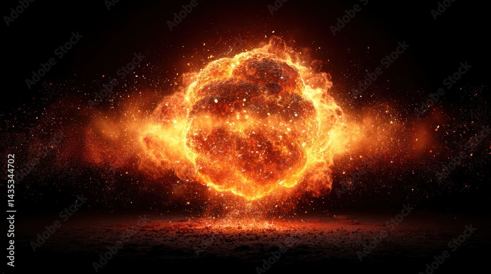 Obraz premium Abstract visualization of an explosive fireball with glowing sparks and radiant energy in a dark atmosphere.
