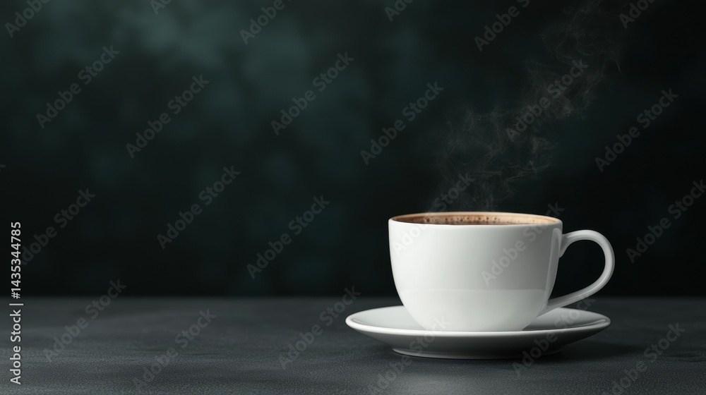 A white coffee cup with steam rising from it sits on a saucer. A white coffee cup with steam rising from it sits on a saucer.