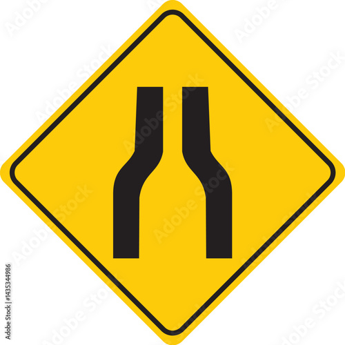 road narrows traffic warning sign, yellow diamond-shaped caution symbol indicating reduced lane width ahead