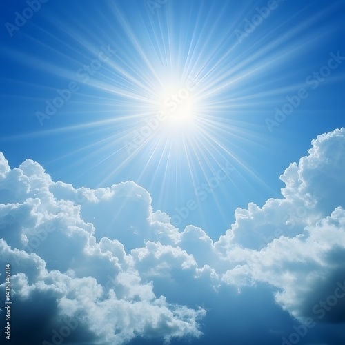 Bright Sun Shining Through Fluffy Clouds Summer Sky