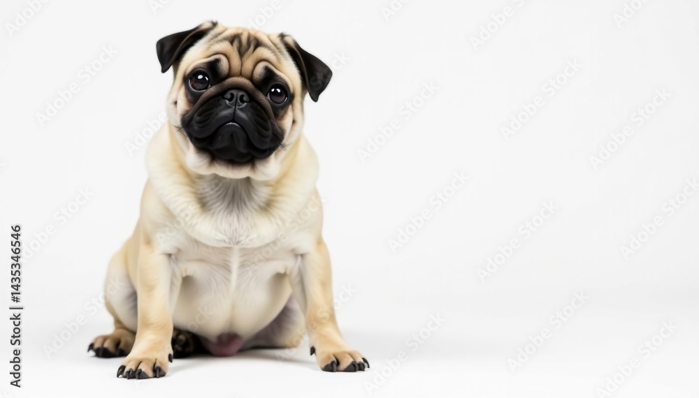 Adorable pug dog sits, isolated on white background, canine, funny, purebred Adorable pug dog sits, isolated on white background, canine, funny, purebred