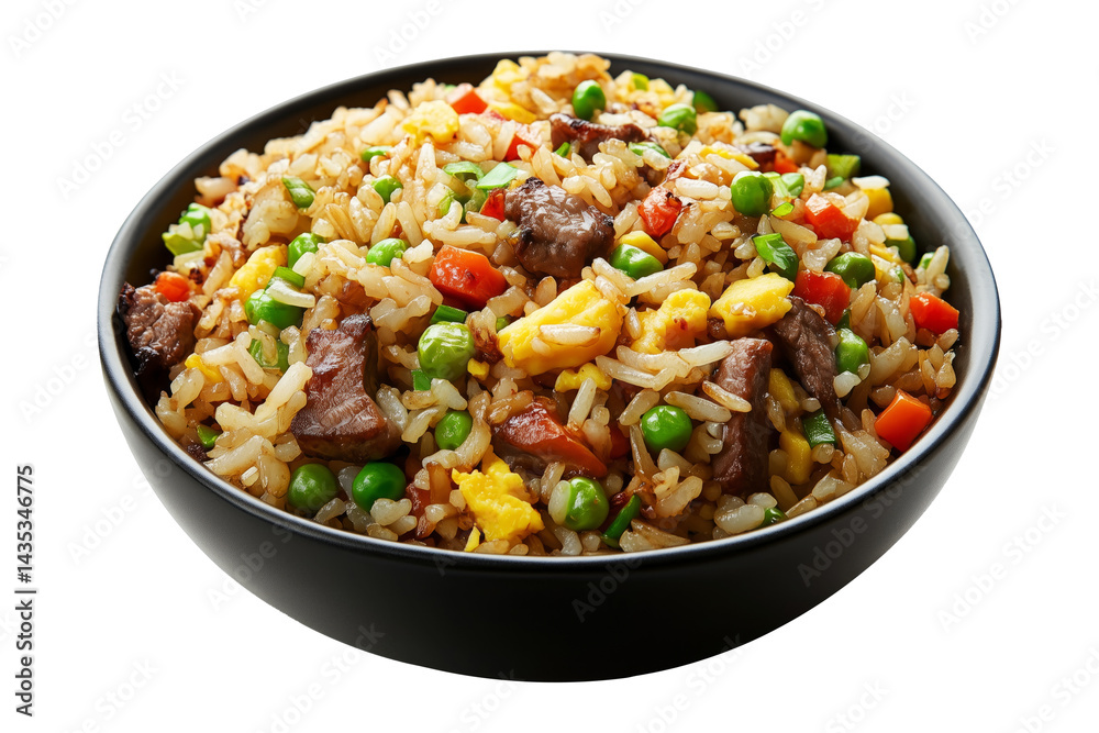 Fried rice with peas, scrambled eggs, red bell peppers, and beef pieces in ceramic bowl isolated on white transparent background, concept of Asian cuisine Fried rice with peas, scrambled eggs, red bell peppers, and beef pieces in ceramic bowl isolated on white transparent background, concept of Asian cuisine