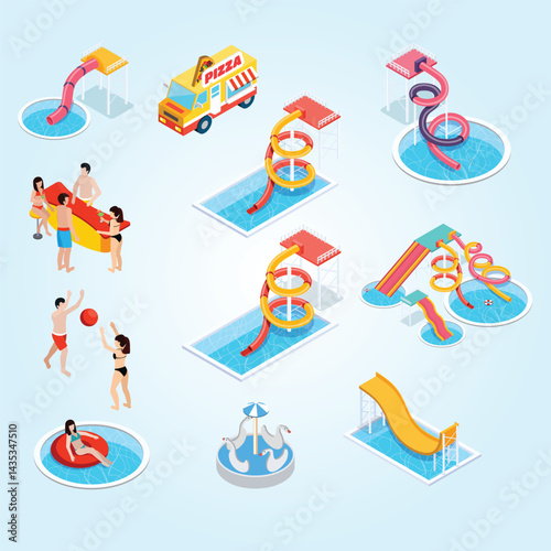 Water Park Aquapark Isometric playground children water slide vector 3d family swimming action happiness