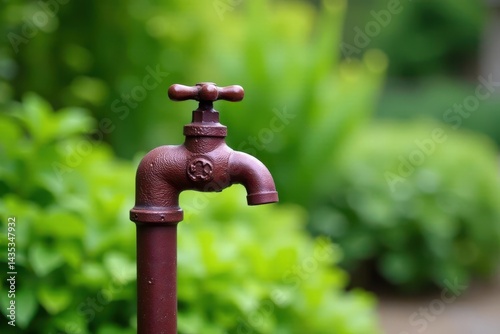 Rustic brown metal water tap against a lush green background, signifying nature's bounty and the importance of water conservation.