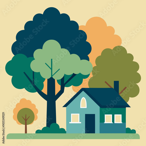 A charming house nestled beside a large, leafy tree, with another smaller house visible in the background