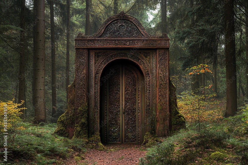 Obraz premium Mysterious stone gateway stands in a serene forest surrounded by tall trees on an overcast day