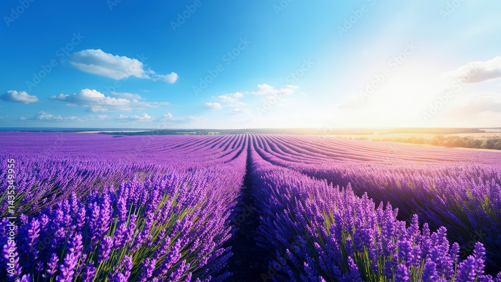 Fototapeta premium A picturesque lavender field stretches towards the horizon under a bright blue sky, kissed by the warm sun