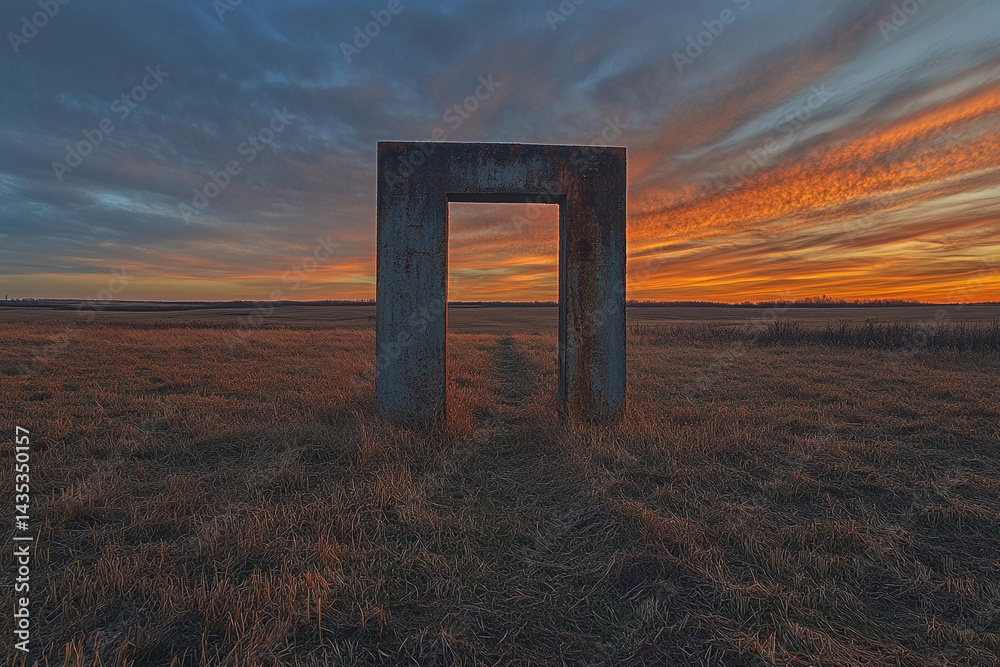 Mysterious door stands alone in a golden field under a dramatic sky Mysterious door stands alone in a golden field under a dramatic sky