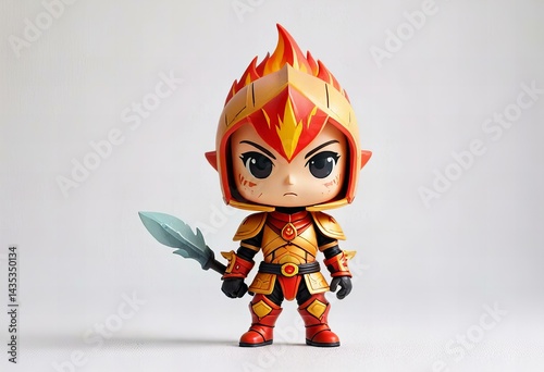 Photo Minimalist chibi fire warrior character design, full body, isolated on white background.