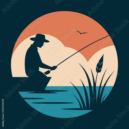 Fisherman fishing silhouette vector illustration