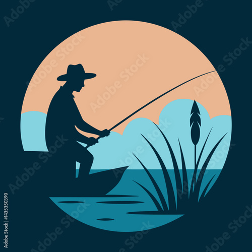 Fisherman fishing silhouette vector illustration