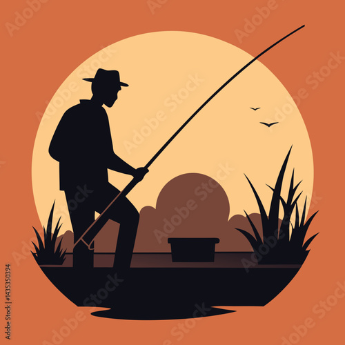 Fisherman fishing silhouette vector illustration