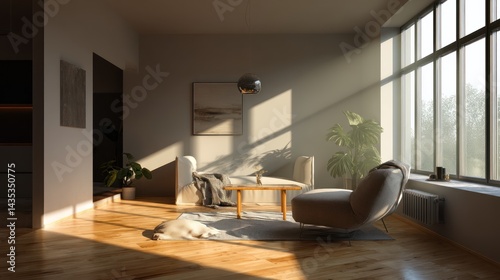 Stylish living room with modern furniture  sunlight streaming through large windows  creating a cozy atmosphere.