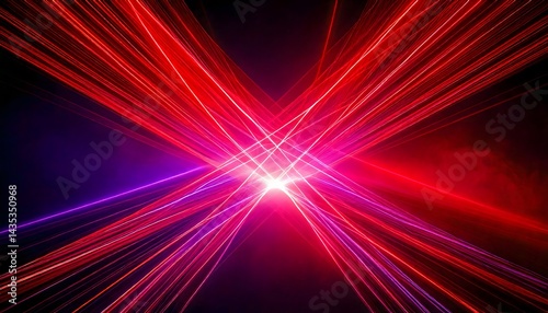 Abstract intersecting laser beams in vibrant red and purple hues on black background
