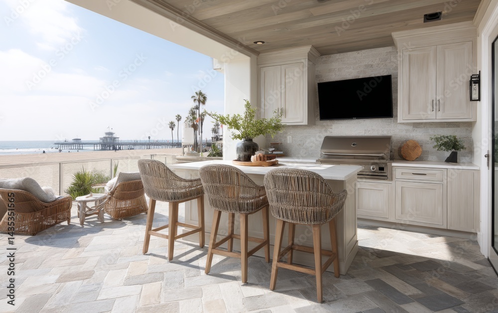 Obraz premium Coastal-inspired outdoor living space with whitewashed cabinetry, teak bar stools, and a built-in grill overlooking beachfront views
