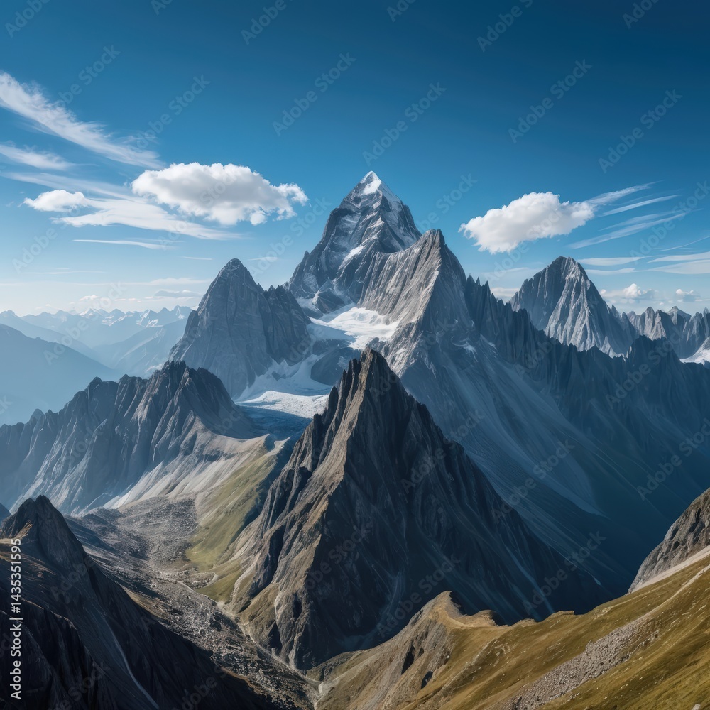 Fototapeta premium A rugged mountain landscape featuring steep, rocky cliffs and boulders, with patches of greenery peeking through the crevices under a clear blue sky.