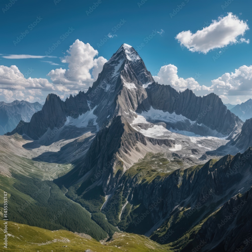 Fototapeta premium The rugged mountain features jagged, rocky peaks and steep cliffs, adorned with patches of green vegetation and a clear blue sky above.