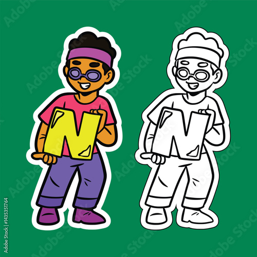 Doodle Illustration of a Boy Holding the Letter N