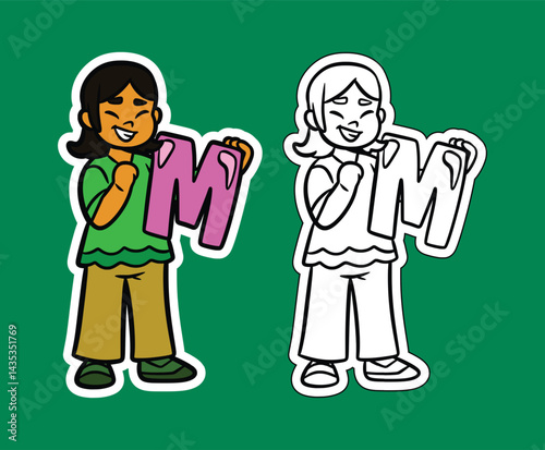 Doodle Illustration of a Girl Holding the Letter M