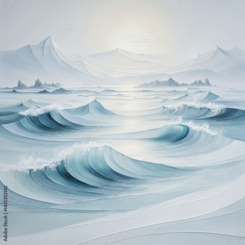 A vibrant painting depicting dynamic ocean waves crashing against the shore, with rich blues and whites capturing the movement and energy of the sea. A vibrant painting depicting dynamic ocean waves crashing against the shore, with rich blues and whites capturing the movement and energy of the sea.