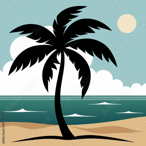 Palm tree silhouette on the beach by the sea for summer vacation