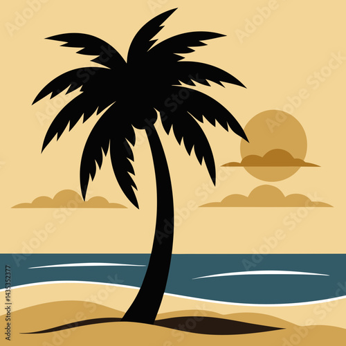 Palm tree silhouette on the beach by the sea for summer vacation
