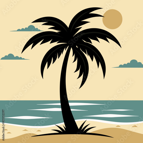 Palm tree silhouette on the beach by the sea for summer vacation