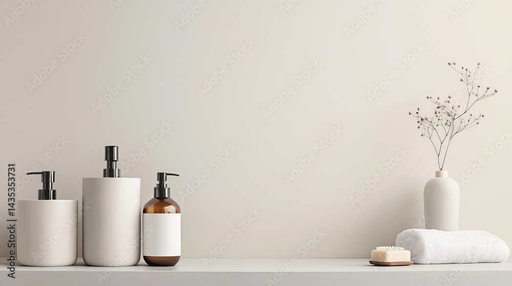 A minimalist display featuring elegant skincare products and decor on a neutral surface, evoking a serene and calming atmosphere.