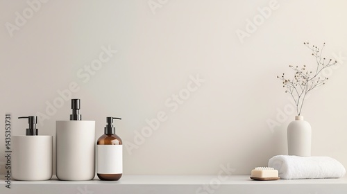 Obraz na płótnie A minimalist display featuring elegant skincare products and decor on a neutral surface, evoking a serene and calming atmosphere. w salonie