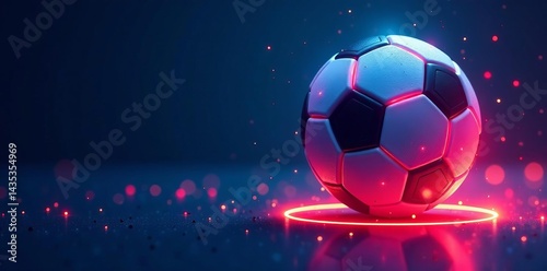 Neon colored soccer ball with glowing lines on blue background, sports equipment, glow