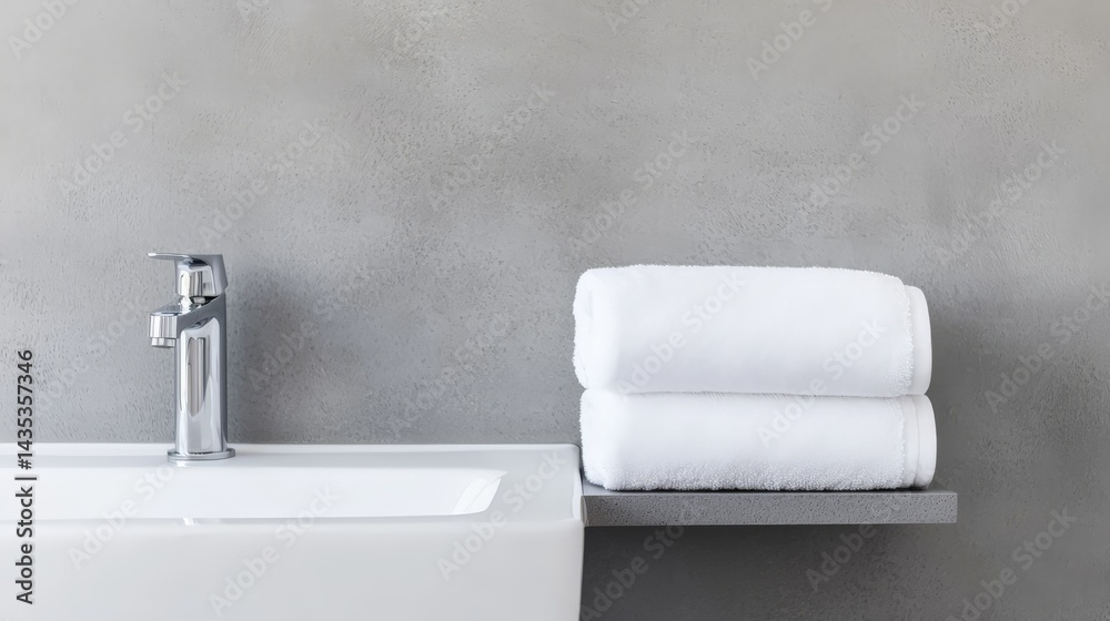 A modern bathroom sink with a sleek faucet and neatly stacked white towels on a gray wall.
